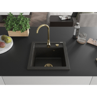 Mexen Vito 1miskový granitový drez 520 x 490 mm, čierna / zlatá metalíza, zlatý sifón - 6503521000-75-G