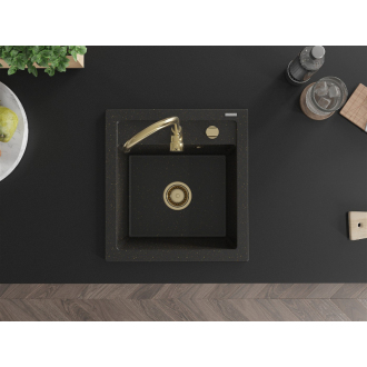 Mexen Vito 1miskový granitový drez 520 x 490 mm, čierna / zlatá metalíza, zlatý sifón - 6503521000-75-G