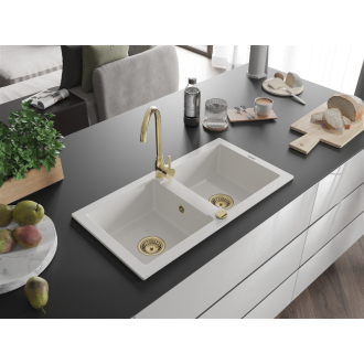Mexen Mario 2miskový granitový drez 820 x 436 mm, biely, zlatý sifón - 6504822000-20-G