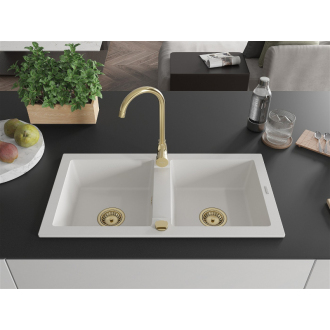 Mexen Mario 2miskový granitový drez 820 x 436 mm, biely, zlatý sifón - 6504822000-20-G