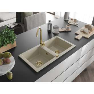 Mexen Mario 2miskový granitový drez 820 x 436 mm, béžový, zlatý sifón - 6504822000-69-G