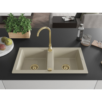 Mexen Mario 2miskový granitový drez 820 x 436 mm, béžový, zlatý sifón - 6504822000-69-G