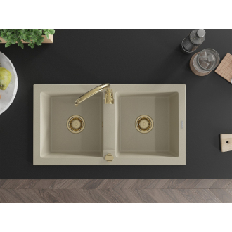 Mexen Mario 2miskový granitový drez 820 x 436 mm, béžový, zlatý sifón - 6504822000-69-G