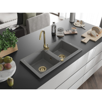 Mexen Mario 2miskový granitový drez 820 x 436 mm, sivý, zlatý sifón - 6504822000-71-G