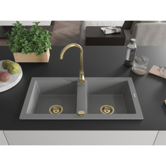 Mexen Mario 2miskový granitový drez 820 x 436 mm, sivý, zlatý sifón - 6504822000-71-G