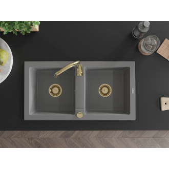 Mexen Mario 2miskový granitový drez 820 x 436 mm, sivý, zlatý sifón - 6504822000-71-G