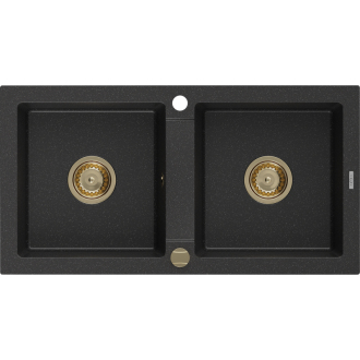 Mexen Mario 2miskový granitový drez 820 x 436 mm, čierna / strieborná metalíza, zlatý sifón - 6504822000-73-G