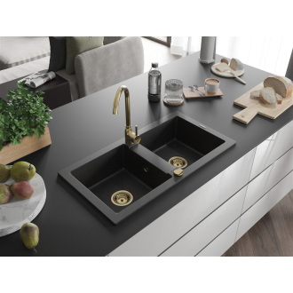 Mexen Mario 2miskový granitový drez 820 x 436 mm, čierna / strieborná metalíza, zlatý sifón - 6504822000-73-G