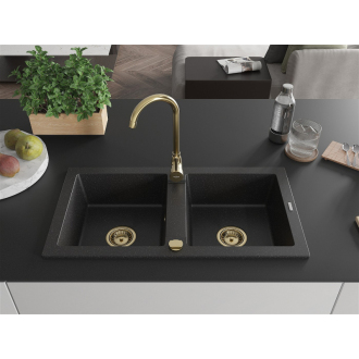 Mexen Mario 2miskový granitový drez 820 x 436 mm, čierna / strieborná metalíza, zlatý sifón - 6504822000-73-G