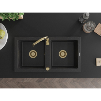 Mexen Mario 2miskový granitový drez 820 x 436 mm, čierna / strieborná metalíza, zlatý sifón - 6504822000-73-G