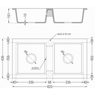 Mexen Mario 2miskový granitový drez 820 x 436 mm, čierna / strieborná metalíza, zlatý sifón - 6504822000-73-G