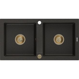 Mexen Mario 2miskový granitový drez 820 x 436 mm, čierna / zlatá metalíza, zlatý sifón - 6504822000-75-G