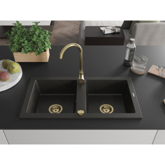 Mexen Mario 2miskový granitový drez 820 x 436 mm, čierna / zlatá metalíza, zlatý sifón - 6504822000-75-G