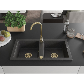 Mexen Mario 2miskový granitový drez 820 x 436 mm, melír čierny, zlatý sifón - 6504822000-76-G