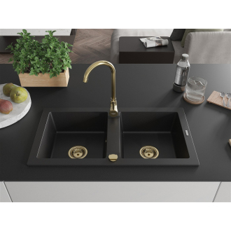 Mexen Mario 2miskový granitový drez 820 x 436 mm, čierny, zlatý sifón - 6504822000-77-G