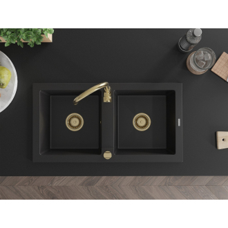 Mexen Mario 2miskový granitový drez 820 x 436 mm, čierny, zlatý sifón - 6504822000-77-G