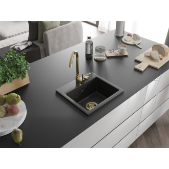 Mexen Milo 1miskový granitový drez 435 x 410 mm, čierna / strieborná metalíza, zlatý sifón - 6505441000-73-G