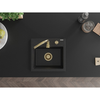 Mexen Milo 1miskový granitový drez 435 x 410 mm, čierna / strieborná metalíza, zlatý sifón - 6505441000-73-G
