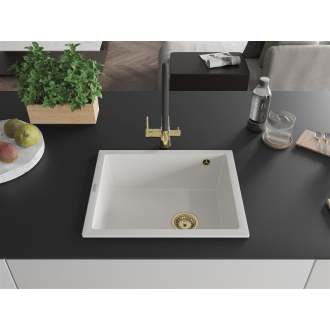 Mexen Pedro 1miskový granitový drez 560 x 460 mm, biely, zlatý sifón - 6508561000-20-G