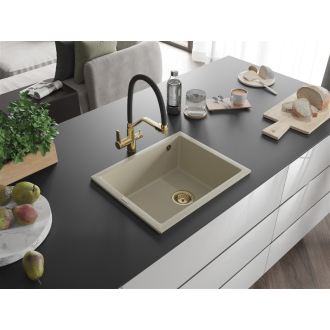 Mexen Pedro 1miskový granitový drez 560 x 460 mm, béžový, zlatý sifón - 6508561000-69-G