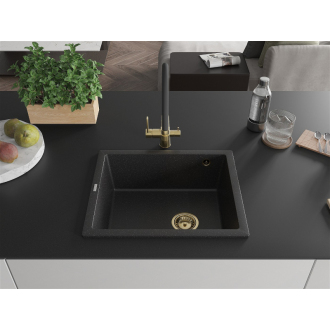 Mexen Pedro 1miskový granitový drez 560 x 460 mm, čierna / strieborná metalíza, zlatý sifón - 6508561000-73-G