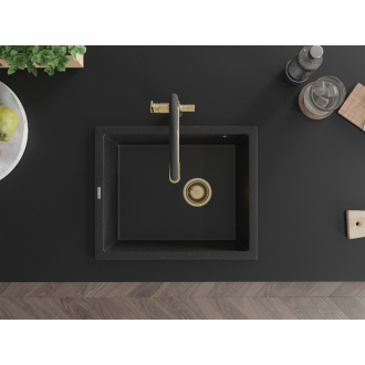 Mexen Pedro 1miskový granitový drez 560 x 460 mm, čierna / strieborná metalíza, zlatý sifón - 6508561000-73-G
