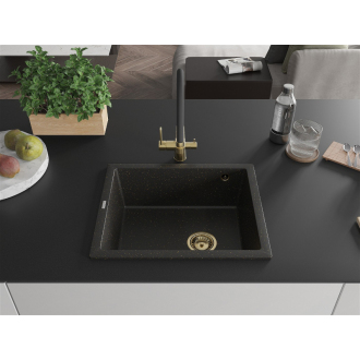 Mexen Pedro 1miskový granitový drez 560 x 460 mm, čierna / zlatá metalíza, zlatý sifón - 6508561000-75-G