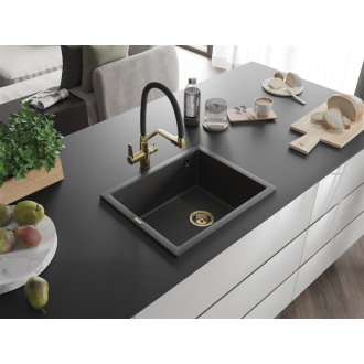 Mexen Pedro 1miskový granitový drez 560 x 460 mm, melír čierny, zlatý sifón - 6508561000-76-G