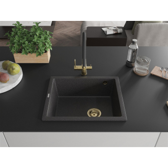 Mexen Pedro 1miskový granitový drez 560 x 460 mm, melír čierny, zlatý sifón - 6508561000-76-G