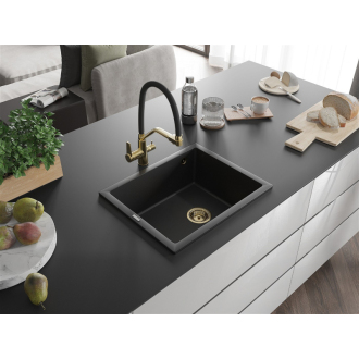 Mexen Pedro 1-miskový granitový drez 560 x 460 mm, čierny, zlatý sifón - 6508561000-77-G