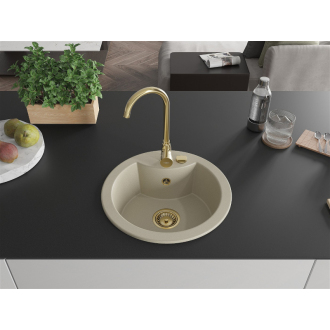 Mexen Diego 1miskový granitový drez 488 x 480 mm, béžový, zlatý sifón - 6512481000-69-G