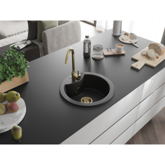 Mexen Diego 1miskový granitový drez 488 x 480 mm, čierna / strieborná metalíza, zlatý sifón - 6512481000-73-G