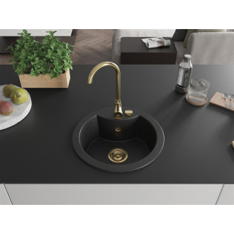 Mexen Diego 1miskový granitový drez 488 x 480 mm, čierna / strieborná metalíza, zlatý sifón - 6512481000-73-G