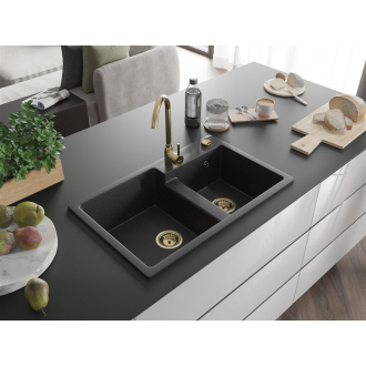 Mexen Tomas 2miskový granitový drez 800 x 500 mm, čierna / strieborná metalíza, zlatý sifón - 6516802000-73-G