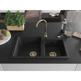 Mexen Tomas 2miskový granitový drez 800 x 500 mm, čierna / strieborná metalíza, zlatý sifón - 6516802000-73-G