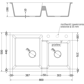 Mexen Tomas 2miskový granitový drez 800 x 500 mm, čierna / strieborná metalíza, zlatý sifón - 6516802000-73-G