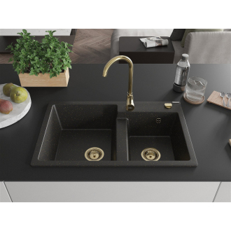 Mexen Tomas 2miskový granitový drez 800 x 500 mm, čierna / zlatá metalíza, zlatý sifón - 6516802000-75-G