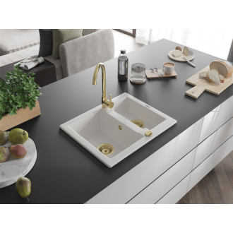 Mexen Carlos 1,5-miskový granitový drez 582 x 475 mm, biely, zlatý sifón - 6518581500-20-G