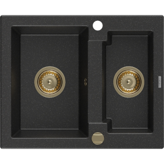 Mexen Carlos 1,5-miskový granitový drez 582 x 475 mm, čierna/strieborná metalíza, zlatý sifón - 6518581500-73-G