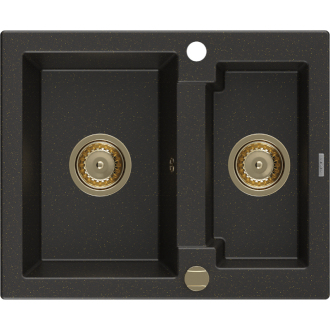 Mexen Carlos 1,5-miskový granitový drez 582 x 475 mm, čierna/zlatá metalíza, zlatý sifón - 6518581500-75-G