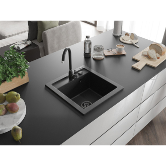 Mexen Vito 1miskový granitový drez 520 x 490 mm, čierna/strieborná metalíza, čierny sifón - 6503521000-73-B