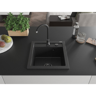 Mexen Vito 1miskový granitový drez 520 x 490 mm, čierna/strieborná metalíza, čierny sifón - 6503521000-73-B