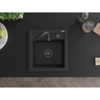 Mexen Vito 1miskový granitový drez 520 x 490 mm, čierna/strieborná metalíza, čierny sifón - 6503521000-73-B