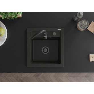 Mexen Vito 1miskový granitový drez 520 x 490 mm, čierna / zlatá metalíza, čierny sifón - 6503521000-75-B