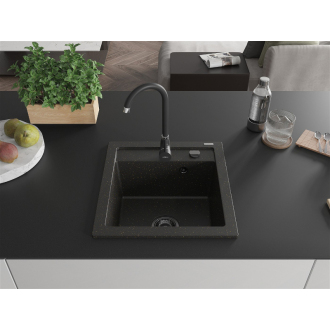 Mexen Vito 1miskový granitový drez 520 x 490 mm, čierna / zlatá metalíza, čierny sifón - 6503521000-75-B