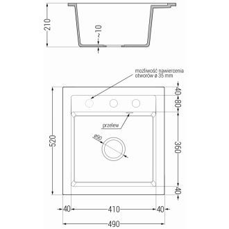 Mexen Vito 1miskový granitový drez 520 x 490 mm, čierna / zlatá metalíza, čierny sifón - 6503521000-75-B