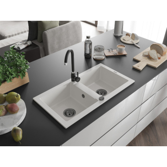 Mexen Mario 2miskový granitový drez 820 x 436 mm, biely, čierny sifón - 6504822000-20-B