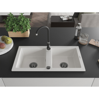 Mexen Mario 2miskový granitový drez 820 x 436 mm, biely, čierny sifón - 6504822000-20-B