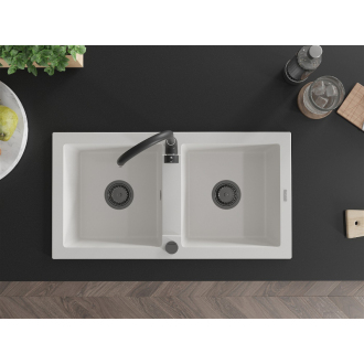 Mexen Mario 2miskový granitový drez 820 x 436 mm, biely, čierny sifón - 6504822000-20-B