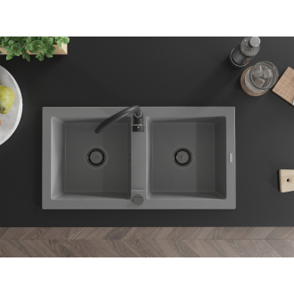 Mexen Mario 2miskový granitový drez 820 x 436 mm, sivý, čierny sifón - 6504822000-71-B